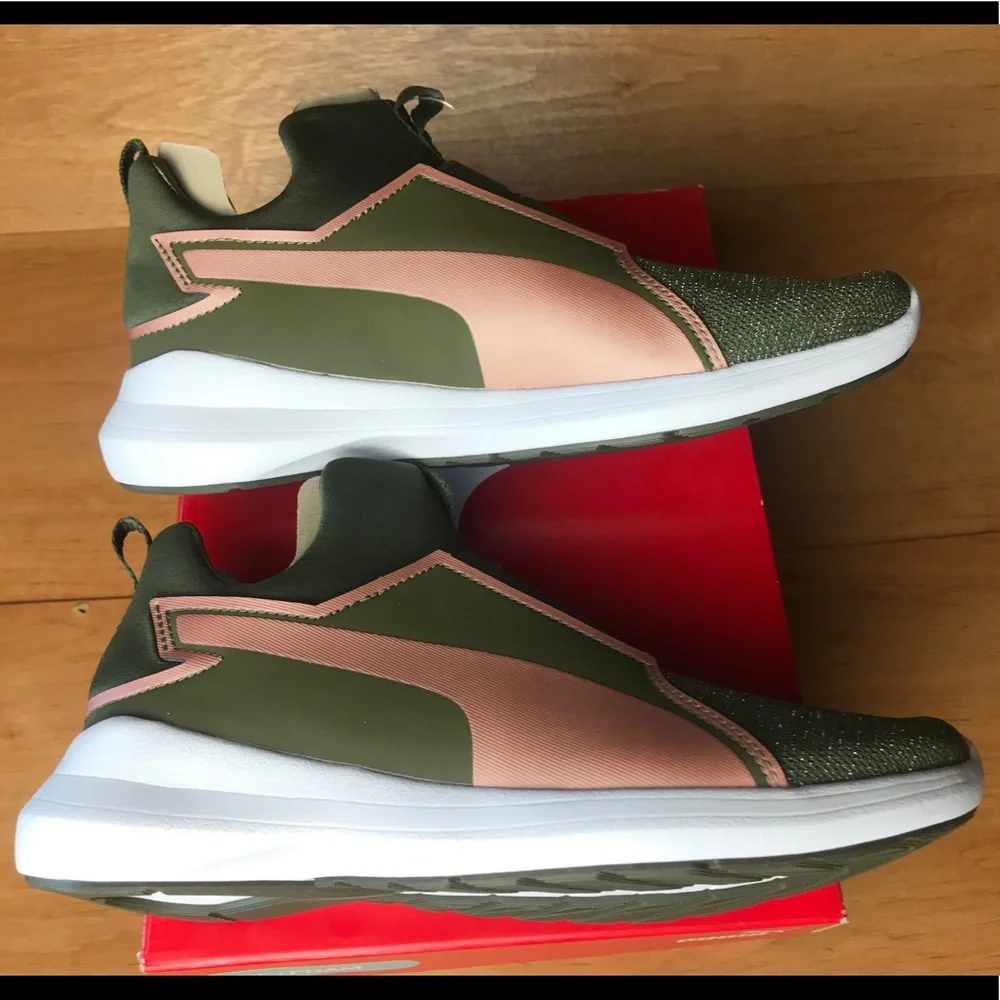 PUMA Rebel Mid Gleam Jr Olive Night Rose Gold 6.5C Slip On